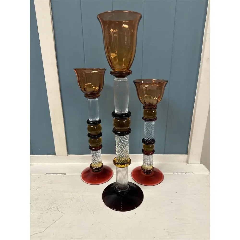 Set Of 3 Signed Czech Glass Z Fusion Art Glass Candlesticks Hand Blown‎ Helix